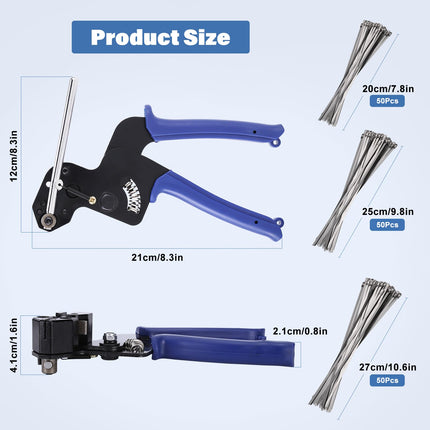 homdat 150 pieces stainless steel cable ties and metal tie gun, 3 sizes metal cable ties, cable tie pliers set cable tie tool with gloves, cable tie remover, tool bag