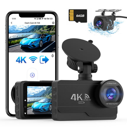 4K/2K+1080P Dashcam Car Front Rear, WiFi Dash Cam with 64GB SD Card, Dash Cam Car Night Vision, 170° Wide Angle WDR, 24/7 Parking Monitoring Functionality, G-Sensor, Loop Recording, Max 256GB