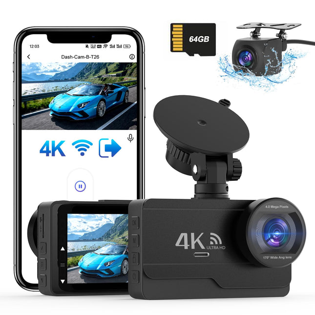 4K/2K+1080P Dashcam Car Front Rear, WiFi Dash Cam with 64GB SD Card, Dash Cam Car Night Vision, 170° Wide Angle WDR, 24/7 Parking Monitoring Functionality, G-Sensor, Loop Recording, Max 256GB
