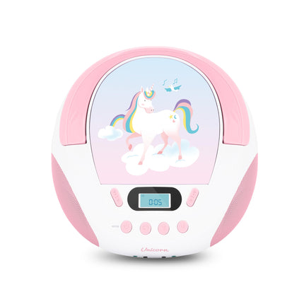 mooov 477407 CD-mängija lastele kõlarite, USB, kõrvaklapipesa ja AUX-IN-pordiga - kaasaskantav Boombox CD-mängija - töötab vooluvõrgust või patareidega - ükssarviku mudel - roosa/valge