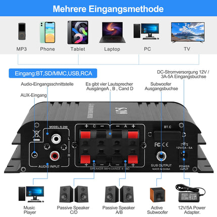 S-299 4.1-kanaliga HiFi võimendi, RMS 40Wx4+50W Bluetooth mini-audiovõimendi, max. 800W võimsus, passiivne subwoofer-võimendi, DC 12V/5A kodukõlaritele, USB SD-pesa, AUX