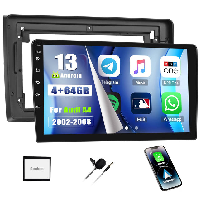[4+64G] SIXWIN Android 13 autoraadio CarPlay/Android Auto/peegliühendusega Audi A4 S4 RS4 8E B6 B7 (2000-2009), 9-tolline HD puuteekraan, toetab WiFi, GPS, Bluetooth 5.0, FM/RDS 32EQ