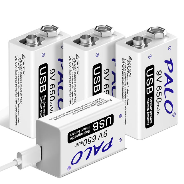 CITYORK 9V Rechargeable Battery, 9V Block Batteries 650mAh Li-Ion with USB Fast Charging Cable for Keyboard, Microphone, Smoke Detector - 4 Pack