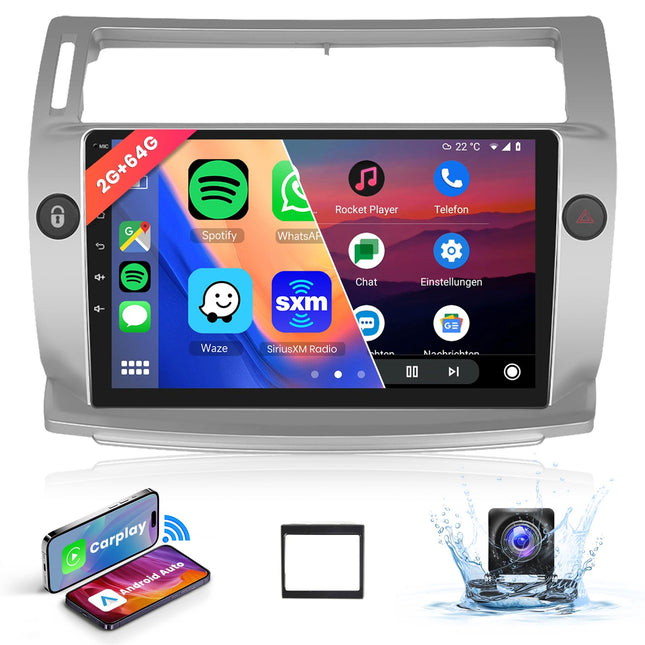 【8 tuumalist 2+64G】 Hodozzy Carplay autoraadio Citroën C4 2004-2009/C-QUATRE 2008-2011 Android autoraadio navigatsiooniga, 9-tolline puutetundlik ekraan koos Android Auto/WiFi/GPS/RDS/FM/Bluetooth/USB/DSP-ga