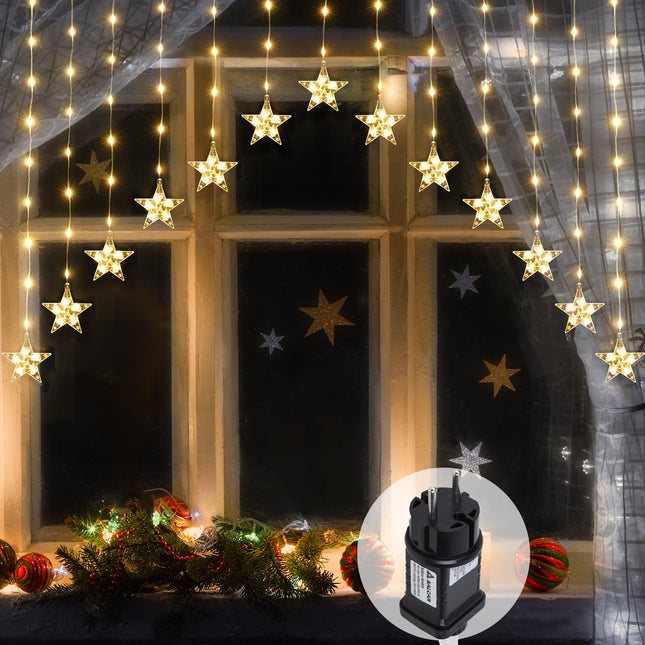 SALCAR 3m LED Star Curtain Lights - 222 LEDs with 16 Star String Lights, Window Decoration with Timer, Christmas Lighting for Balcony, Party, Wedding - Warm White