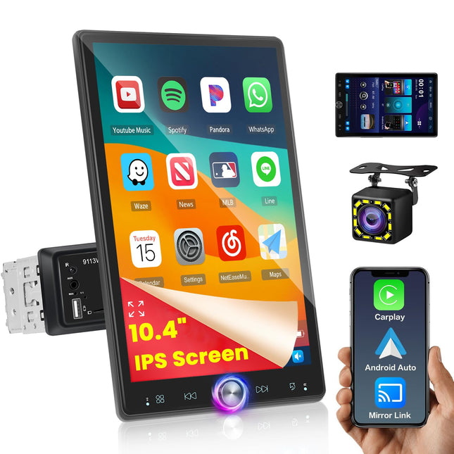 Hikity 10,4-tolline autoraadio, ühe DIN-iga, Carplay, pööratav puutetundlik ekraan, traadita Carplay, Android Auto, Bluetooth, FM, RDS, EQ, SWC, tahavaatekaamera, USB, AUX