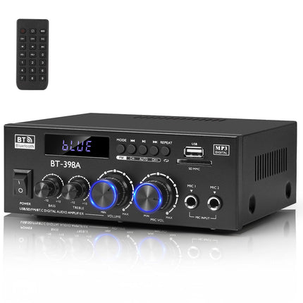Romicta HiFi Stereo Amplifier, 450Wx2, 2-Channel Mini Bluetooth Amplifier with FM Radio, USB/SD, Optical &amp; Coaxial Inputs – Compatible with Passive Speakers &amp; Active Subwoofer