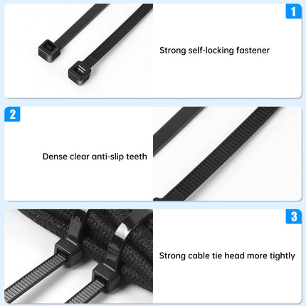 Jokisa 1000 Pack Black Cable Ties 200 x 4.8 mm, Cable Tie Set UV Resistant Tensile Strength 23KG, Long Cable Ties for Cable Management, Gardening, Living, Workshops, Office, DIY