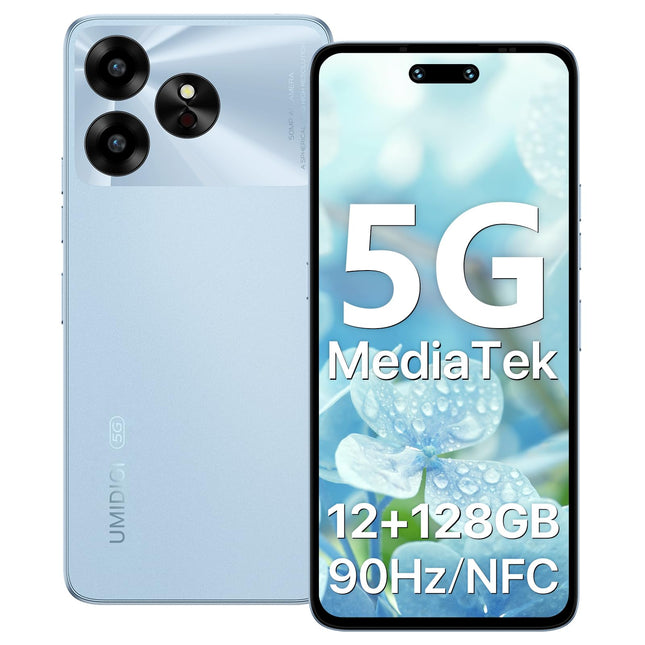 UMIDIGI 5G mobiiltelefonid NFC-ga, 6GB+128GB/TF 1TB, G6 nutitelefon ilma lepinguta, 6,57" 90Hz HD+, 50MP kaamera 5000mAh, Dimensity 6100+ 5G SIM-kaardivabad telefonid, Android 13, sõrmejäljega lukustamata/näotuvastusega/GPS (sinine)