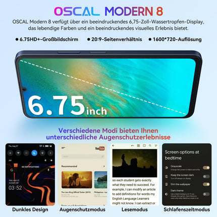 OSCAL Modern 8 nutitelefon ilma lepinguta 16GB+128GB/1TB, 90Hz 6.75" HD+ IPS Android telefon 2Ghz, 50MP+8MP nutitelefon, 6000mAh/18W kiirlaadimine/OTG, näotuvastus/sõrmejäljetuvastus, 5G WiFi/BT5.0 - must