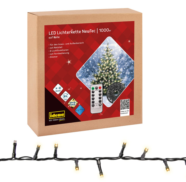 Idena 31115 - LED light chain with 1000 LEDs in warm white, 8-hour timer function, dimmer and memory, with cable reel, approx. 35 m long, for crafts, as party decoration, Christmas decoration, for weddings