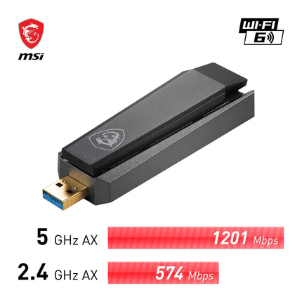 MSI AX1800 WiFi 6 kahesageduslik USB-adapter - WiFi kuni 1800 Mbps (5 GHz, 2,4 GHz traadita), USB 3.2 Gen 1 Type-A, MU-MIMO, reguleeritav antenn, kiirguse kujundamine, WPA3 - juhtmega kinnitus kaasas