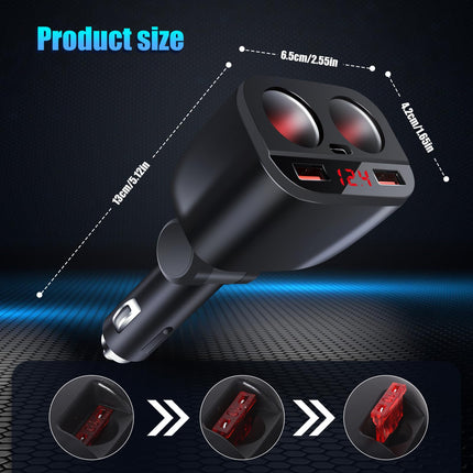 120W USB-C autolaadija sigaretisüütaja jaoturi adapter 2 pistikupesaga kiirlaadimine 12V/24V DC LED-voltmeetriga kahe USB + PD-pordiga mobiiltelefonile, tahvelarvutile, GPS-ile, videoregistraatorile