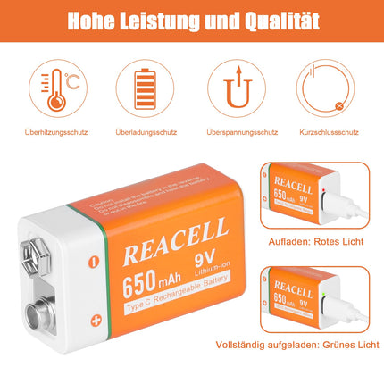 REACELL 9V Block Battery 650mAh USB Rechargeable Li-Ion Battery 1.5 Hours Fast Charging 9 Volt Rechargeable Batteries Rechargeable Block Battery Long Life for Smoke Detectors