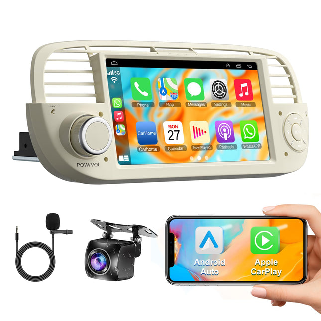 Car radio for FIAT 500 (2007-2015), 7 inch IPS HD display, wireless CarPlay &amp; Android Auto, GPS navigation, Wi-Fi, Bluetooth 5.2, rear view camera, voice control, SWC and FM radio