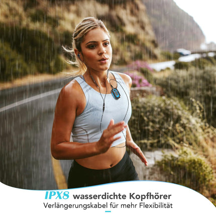 AGPTEK IPX8 veekindel MP3-mängija, 8 GB HiFi MP3-muusikamängija ujumiseks ja jooksmiseks, veekindlate kõrvaklappide, audiokaabli ja 3 paari kõrvaklappidega (L/M/S), toetab FM-raadiot, juhuesituse funktsioon, sinine
