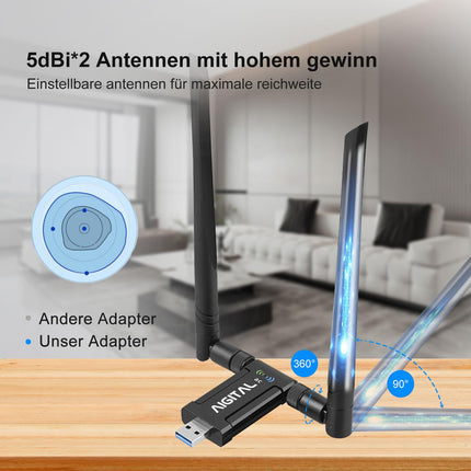 WLAN adapter 1200Mbit/s, WLAN USB stick dual-band 867Mbit/s (5GHz), 300Mbit/s (2.4GHz) WLAN receiver with 2*5dBi antenna and USB 3.0 docking station with 65cm cable for PC desktop laptop Windows/Mac OS