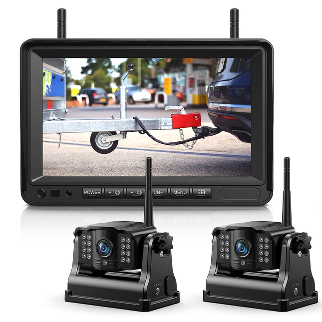 eRapta 7" FHD monitor 2 juhtmevaba digitaalset tahavaatekaamerat, 1080P monitoriga: 9600mAh aku, 2 minutit isepaigaldust, IP69K veekindlad magnetilised tagurduskaamerad autole, veoautole, kaubikule, maasturile, haagissuvilale