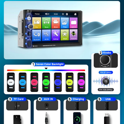Podofo 2 Din Car Radio with Screen 7'' Mirror Link For IOS/Android Bluetooth Handsfree FM Radio USB Steering Wheel Control 7 Color Button AUX-IN with 12LED Rear View Camera