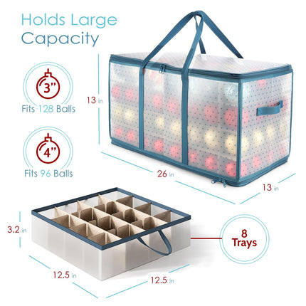Hearth &amp; Harbor Large Storage Box with Adjustable Plastic Dividers for 128 Christmas Ornaments or Decorations, Plastic