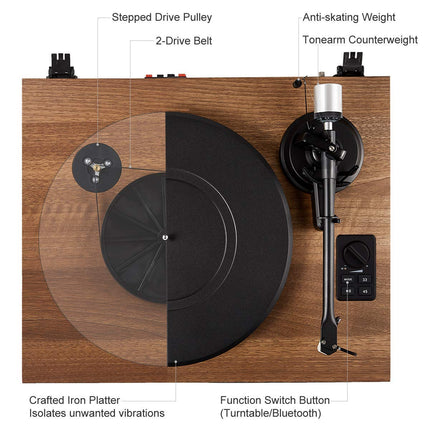 1 by ONE HiFi Bluetooth plaadimängija USB-ühendusega, MM-süsteem, 33/45 p/min, automaatne seiskamine ja fono-eelvõimendi, rihmülekandega vinüülplaadimängija kahe kõlariga