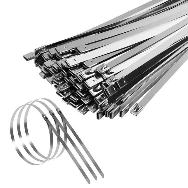 MaxAwe 100pcs Stainless Steel Cable Ties 300 x 7.9 mm, Metal Cable Ties Self-Locking, Removable Rustproof Steel Band, Multi-Purpose Metal Cable Ties for Heat Protection Tape Garden Care