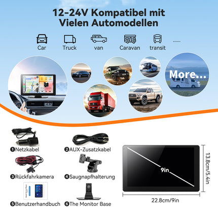 Alpinetech 2025 Newest 9 inch Carplay Display &amp; Portable Android Auto Display, Car Play Display with Rear View Camera GPS Navigation Bluetooth Mirror Link AUX FM Siri, Buddy Display for All Vehicles