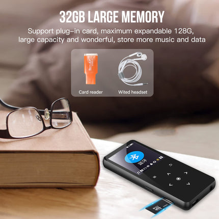 MP3-mängija 32 GB Bluetooth 5.0 kadudeta muusikapleier HiFi kaasaskantav kõlar sisseehitatud HD kõlar videosalvesti FM-raadio e-raamatu tugi kuni 128 GB