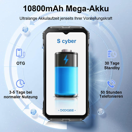 DOOGEE S Cyber ​​​​Õuetelefon ilma lepinguta Android 14 20GB(8+12)/256GB, 10800mAh, 50MP+16MP õuetelefon 6.6'' FHD+ kaheksatuumaline IP68 veekindel ehitusplatsi mobiiltelefon 4G kahe SIM-kaardiga/IP68/OTG/NFC/GPS 2024