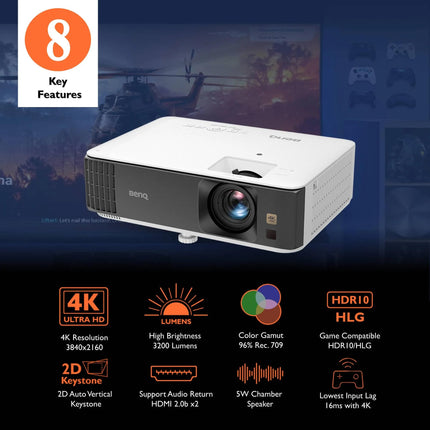BenQ TK700ST 4K HDR 3000 luumeniga lühikese projitseerimisega filmi- ja mänguprojektor 4 ms reageerimisajaga | 240 Hz värskendussagedus | HDR10 ja HLG | ARC/eARC tugi | 2D trapetsikorrektsioon | Kujutise pööramine