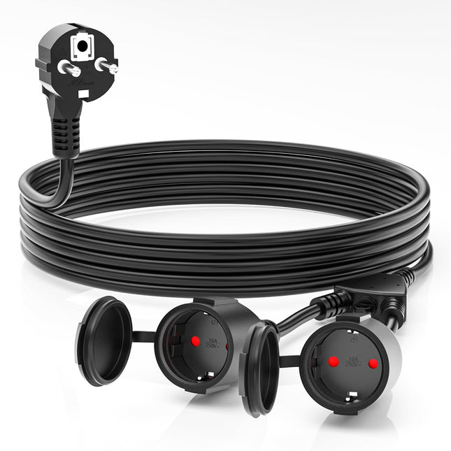 5M outdoor extension cable with 2 Schuko sockets, outdoor extension cable IP44, double extension for outdoor use with protective contact 2-way sockets, 16A/250V, black