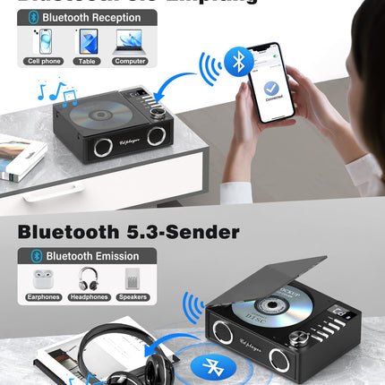 Greadio kaasaskantav CD-mängija Bluetooth 5.3-ga, 4000mAh laetav CD-mängija puldiga, HiFi heli kõlar, toetab USB, TF, AUX, LED-ekraani koju/autosse/kingituseks