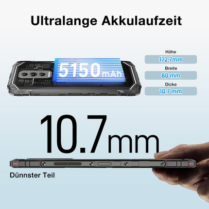 DOOGEE Blade 10 Ultra õues kasutatav nutitelefon, lukustamata Android 14, 20 GB + 256 GB õues kasutatav nutitelefon, 10,7 mm üliõhuke, läbipaistev tagakülg, 5150mAh, 6,56" HD+ 90Hz, 50MP, IP68/69K/NFC/GPS