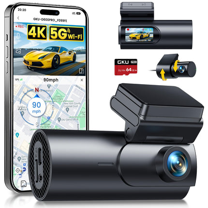GKU 4K autoregistraator esi- ja tagakaameraga, 5 GHz WiFi GPS, kahekordne autoregistraator, 1,5” IPS miniautokaamera 64 GB SD-kaardiga, parkimismonitor, öönägemine, WDR, 170° lainurk, G-andur, rakenduse juhtimine, max 256 GB