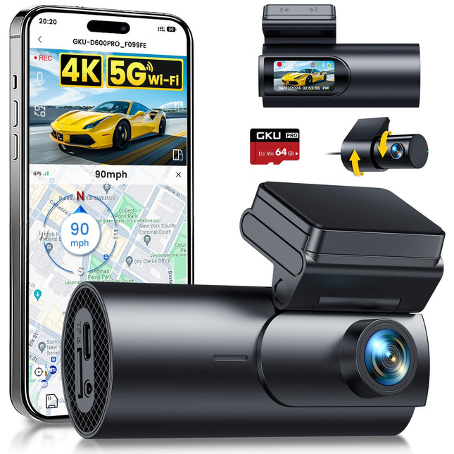 GKU 4K autoregistraator esi- ja tagakaameraga, 5 GHz WiFi GPS, kahekordne autoregistraator, 1,5” IPS miniautokaamera 64 GB SD-kaardiga, parkimismonitor, öönägemine, WDR, 170° lainurk, G-andur, rakenduse juhtimine, max 256 GB