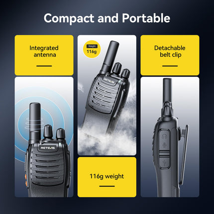 Retevis H777 Two-Way Radio, Walkie Talkie with Flashlight, One-Click Alarm, One-Click Frequency Binding, VOX, Robust, Type-C, Walkie Talkie for Adults for Security, Hotel (6 PCS, Black)