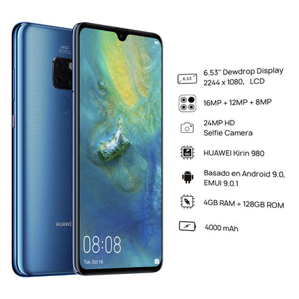 HUAWEI Mate 20 (128GB / 4GB) 6,53" FHD + ekraan Kolmekordne kaamera 4000 mAh aku 4G LTE GSM Kahekordne SIM Globaalne lukustamata (HMA-L29) Rahvusvaheline versioon, Kesköösinine