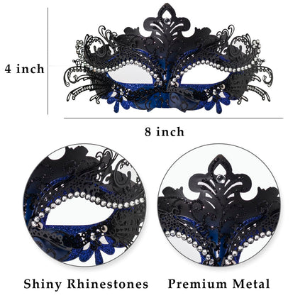 FRUOR musta ja sinise maskikomplekt paaridele, naistele mõeldud metallmask kividega ja meestele mõeldud Veneetsia stiilis mask cosplay peoks, karnevaliks, halloweeniks, pulmapeoks