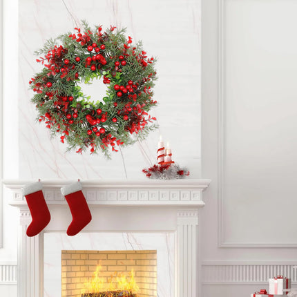 Christmas door wreath, fir garland with berries and flowers, artificial fir wreath, reusable Christmas wreath with black hook, Advent wreath decoration, Christmas wreath decoration indoors and outdoors