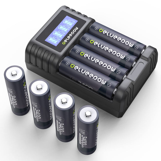 Delyeepow Rechargeable AA Batteries Lithium 3400mWh 1.5V, 1500 Cycles Lithium AA Rechargeable Battery 8 Pack with LCD Multifunction Charger