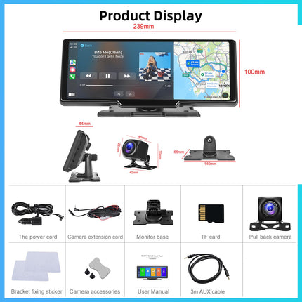Hodozzy autoraadio kaasaskantav CarPlay juhtmevaba Android Auto armatuurlauaga esikaameraga 9,3-tolline puutetundlik ekraan CarPlay ekraan auto Bluetooth digitaalne meedia vastuvõtja satelliitnavigatsioon videosalvestus tahavaatekaamera
