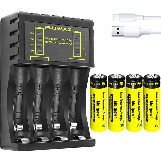 Rechargeable Batteries with Charger, 4 LEDs, 2600 mAh, 4 Pack, Universal Household Battery Chargers for AA-AAA Ni-MH Ni-CD Batteries, USB Fast Charging (4 Slot Charger + 4 x AA