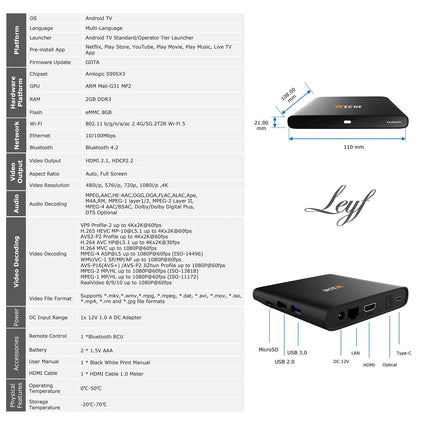 Leyf 4K Android TV Box originaallitsentsiga, mille on litsentseerinud Google LLC ja Netflix, Disney, Prime Video WiFi, Type-C, HDMI 2.1, USB 3.0, Ethernet, MicroSD/miniklaviatuur/nutiterv, Chromecast, YouTube