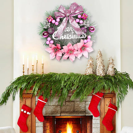 Warmiehomy Christmas Wreath, 30 cm Artificial Front Door Wreath, Hanging Garland with Flowers and Bow, Christmas Decoration, New Year Decoration, Gift, Pink