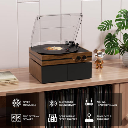 Vanaaegne vinüülplaadimängija Bluetoothiga, rihmülekandega, kahe stereokõlariga, LP-mängijaga, 3 kiirusega, juhtmevaba taasesitusega, AUX kõrvaklappide sisendiga, pruun