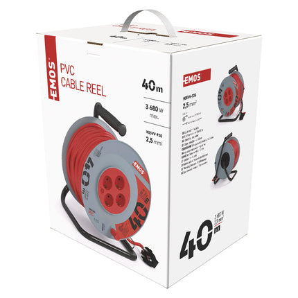 EMOS - 40m kaablirull tugevdatud pikenduskaabliga - 4 Schuko pistikupesa - 230 V, 16 A, 3680 W - PVC isolatsioon - H05VV-F3G 2,5 mm² - ülekuumenemiskaitse - IP20 sisekasutuseks, hall-punane