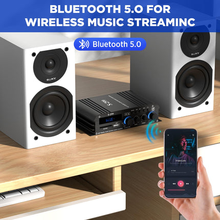 4.1-channel amplifier, 1600W mini hifi amplifier, Bluetooth 5.0 for home speakers 40W x 4 + active subwoofer from 110-240V to 12V with USB TF slot MP3 player with remote control