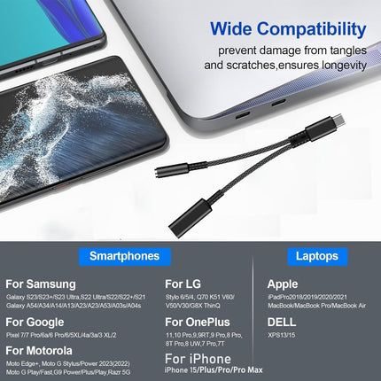 USB C to 3.5mm Headphone and Charger Adapter, 2-in-1 USB C PD Charging Port to Aux Audio Jack and Fast Charging Cable Compatible with Phone 15 Pro Max Samsung Galaxy S24 S23 S22 S21 S20
