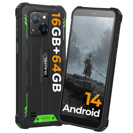 OUKITEL G2 Android 14 välistingimustes kasutatav nutitelefon ilma lepinguta, 6" HD+ kaheksatuumaline odav nutitelefon, 16GB+64GB nutitelefon 4G, 6300mAh aku, IP68 veekindel, 5+13MP kaamera, kahekordne SIM-kaart, OTG-roheline
