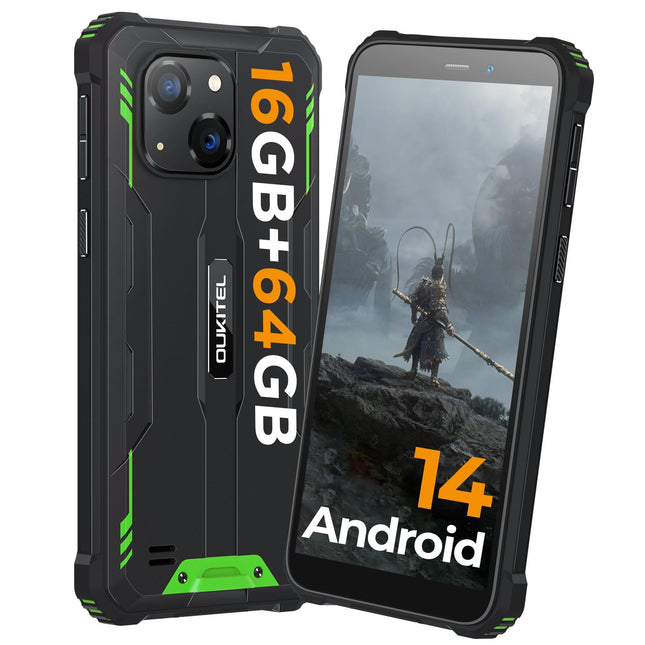 OUKITEL G2 Android 14 välistingimustes kasutatav nutitelefon ilma lepinguta, 6" HD+ kaheksatuumaline odav nutitelefon, 16GB+64GB nutitelefon 4G, 6300mAh aku, IP68 veekindel, 5+13MP kaamera, kahekordne SIM-kaart, OTG-roheline